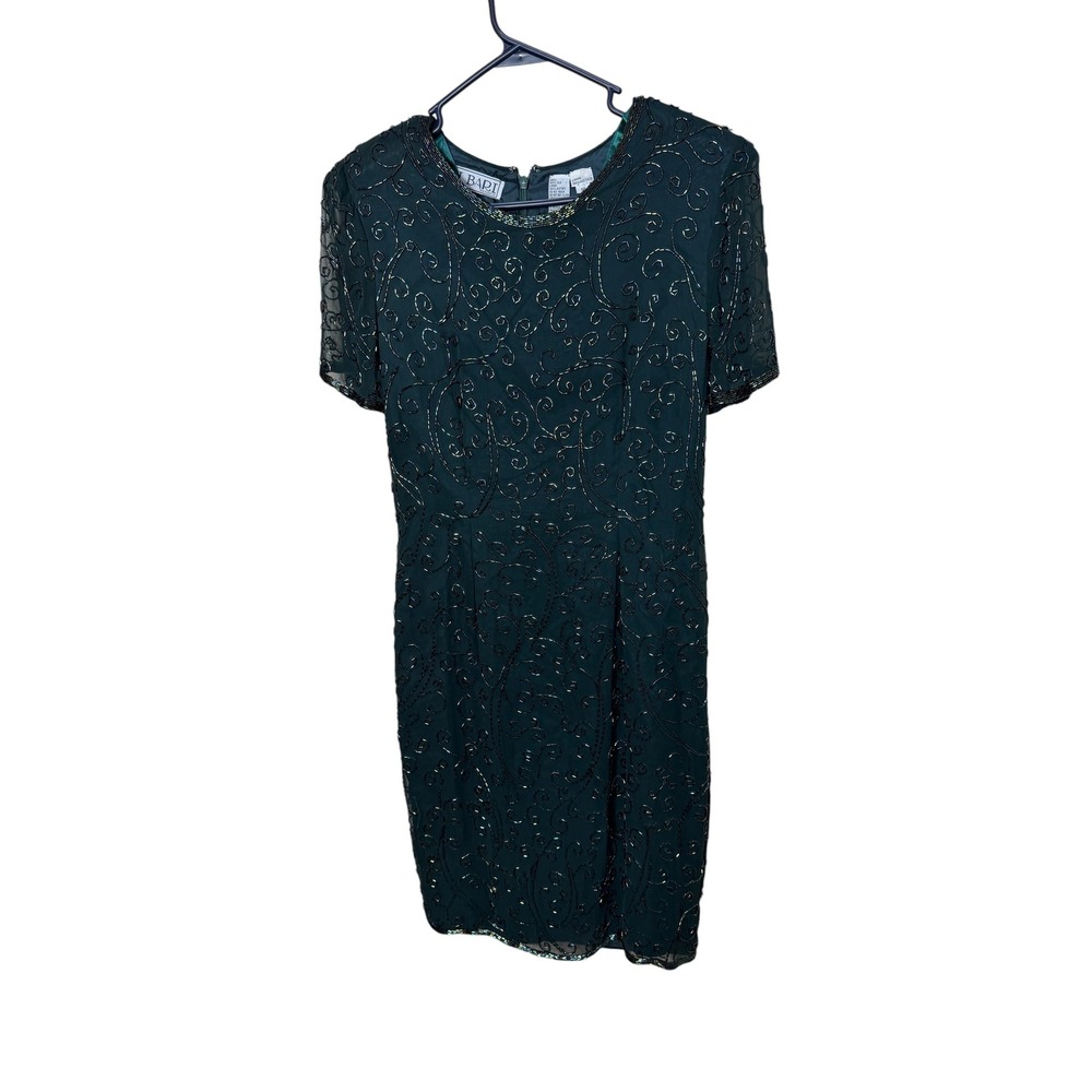 AJ Bari Vintage Silk Beaded Sheath Dress Green Cocktail Sz 10